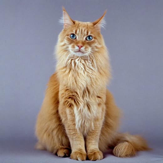 A long-haired cat with a combed coat on a plain pale backdrop